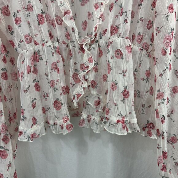 Love Notes Sheer Floral Romantic Button Front Ruffle Top Womens Size M Coquette - Picture 5 of 11